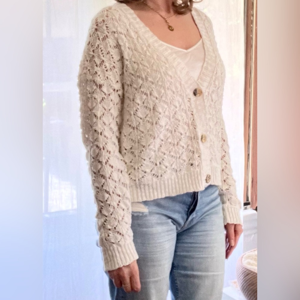 Open Knit Cardigan 100% Cotton Off white size S